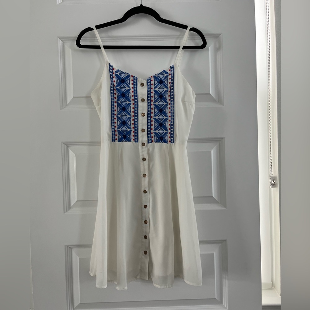 White Summer Dress with Blue Embroidered Details